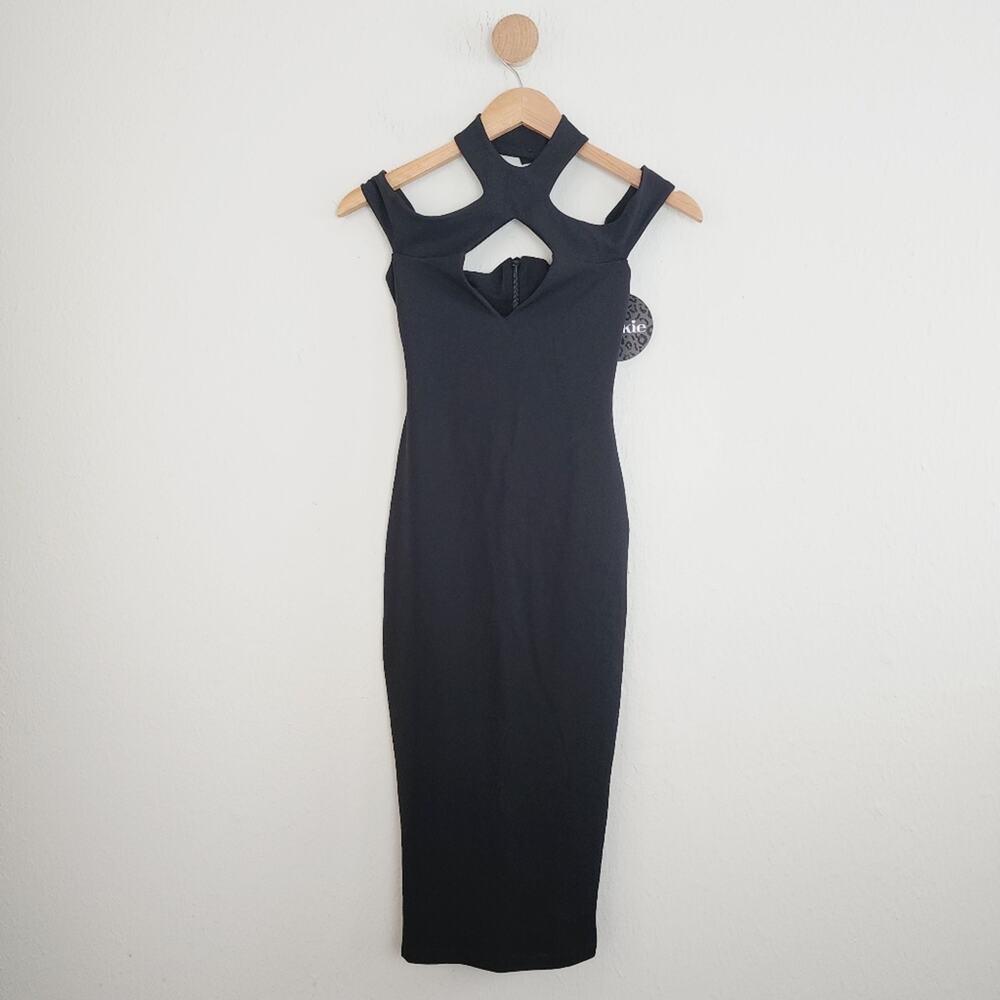 Nookie Hollywood Black Halter Scuba Crepe Bust Cutout Midi Dress XS NWT